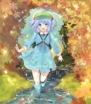  :d backpack bad_id bag blue_eyes blue_hair boots cattail cattail_(plant) dress green_eyes hat kawashiro_nitori key kippu multicolored_eyes nature open_mouth plant rubber_boots short_hair smile stream touhou twintails wading water 