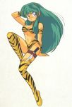  80&#039;s bikini blue_eyes eyeshadow green_hair horns knife long_hair lum nakajima_atsuko oldschool simple_background swimsuit thighhighs tiger_print tigerprint urusei_yatsura 