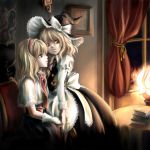  alice_margatroid blonde_hair book braid chair gloves glowing glowing_eyes hair_ribbon hairband hand_holding hat hat_ribbon holding_hands kirisame_marisa mochinu multiple_girls ribbon touhou window witch_hat 