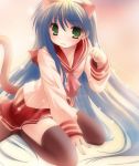  blue_hair cat_ears cat_tail green_eyes izumi_konata long_hair lucky_star mole namamo_nanase school_uniform serafuku tail thigh-highs thighhighs tomoeda 