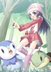  alternate_costume bad_id beanie black_hair blue_eyes coat grass hands hat hikari_(pokemon) hikari_(pokemon)_(remake) holding holding_poke_ball long_hair nintendo piplup poke_ball pokemon pokemon_(game) pokemon_dppt scarf tenkuu_nozora tree turtwig 