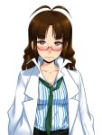  akizuki_ritsuko alternate_hairstyle antenna_hair blush brown_hair glasses idolmaster labcoat long_hair necktie striped sweat 