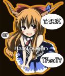  bow bowtie brown_hair chain chains fang finalheaven hair_ribbon halloween horns ibuki_suika long_hair purple_eyes ribbon rock_heart touhou violet_eyes 