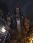  akuma andrew_jou belt black capcom city facial_hair glowing glowing_eyes gouki heaven_(kanji) leather_jacket male motor_vehicle motorcycle muscle muted_color night red_hair street_fighter stubble tattoo torn_clothes udon udon_entertainment vehicle 