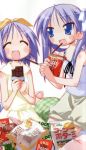  chocolate eating highres hiiragi_kagami hiiragi_tsukasa lucky_star pocky purple_hair scan short_hair twintails yoshimizu_kagami 