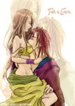  1girl arc_the_lad arc_the_lad_ii breast_smother brown_hair closed_eyes couple hug long_hair mame_(artist) midriff pink_hair robe sania short_hair strap_slip tosh zoom_layer 