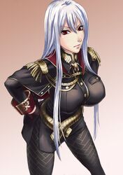  #1 breasts impossible_shirt karee_oshou large_breasts military military_uniform pantyhose print_pantyhose red_eyes selvaria_bles senjou_no_valkyria senjou_no_valkyria_1 silver_hair thighs uniform 