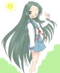  1girl core_(mayomayo) green_hair long_hair school_uniform serafuku solo suzumiya_haruhi_no_yuuutsu tsuruya very_long_hair wink 