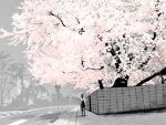  emukami long_hair school_uniform serafuku skirt solo spot_color street thigh-highs tree trees 