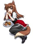  bandabekken bronze_parrot brown_hair eating food holo kisaten long_hair lying pantyhose red_eyes spice_and_wolf tail waitress wolf_ears 
