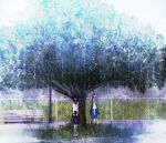  fence long_hair multiple_girls original rain school_uniform serafuku shigure_(pixiv10117) shigureteki standing tree trees under_tree 