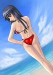  ass beach bikini black_hair long_hair looking_back lucifer red_eyes sky stakes_of_purgatory swimsuit ten_(pixiv192340) umineko_no_naku_koro_ni 