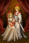  blonde_hair cape child cleavage cornet crown dress earrings family ferdinand ferdinand_marl_e jewelry jpeg_artifacts king marl_kingdom nippon_ichi nomura_ryouji queen rhapsody shoes short_hair smile sword throne throne_room weapon 