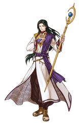  1boy black_hair closed_mouth fire_emblem fire_emblem:_akatsuki_no_megami fire_emblem:_souen_no_kiseki fire_emblem_path_of_radiance fire_emblem_radiant_dawn full_body green_eyes hand_on_own_chest highres holding holding_staff kita_senri kita_senri_(artist) long_hair long_sleeves low-tied_long_hair male no_socks official_art sandals sephiran simple_background solo staff standing white_background 