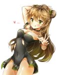  1girl arm_up bangs bare_arms bare_shoulders black_choker black_dress blush bow breasts brown_hair choker cleavage closed_mouth collarbone commentary covered_navel double_bun dress dutch_angle eyebrows_visible_through_hair fingernails girls_frontline green_bow green_eyes hair_between_eyes hair_bow hand_up heart licking_lips long_hair looking_at_viewer medium_breasts melynx_(user_aot2846) rfb_(girls_frontline) side_bun simple_background sleeveless sleeveless_dress smile solo strap_slip tongue tongue_out torn_clothes torn_dress very_long_hair w white_background 