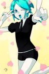  1other :d androgynous aqua_eyes aqua_hair blue_eyes blue_hair colored_eyelashes crystal_hair gem_uniform_(houseki_no_kuni) heart highres houseki_no_kuni looking_at_viewer necktie one_eye_closed open_mouth phosphophyllite pointing pointing_at_viewer short_hair smile solo star v white_skin wi_(hiyoko026) 
