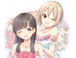  2girls akisaka_yamoka bangs bare_shoulders black_eyes black_hair blunt_bangs blush bouquet collarbone commentary_request corsage detached_sleeves dress earrings eyebrows_visible_through_hair flower flower_ornament grey_eyes grey_hair hair_between_eyes idolmaster idolmaster_cinderella_girls jewelry kobayakawa_sae long_hair looking_at_viewer multiple_girls necklace one_eye_closed open_mouth parted_bangs rose shiomi_shuuko short_hair simple_background sleeveless sleeveless_dress smile strapless strapless_dress upper_body 