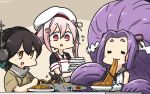  +++ 3girls :d absurdly_long_hair aircraft airplane apron black_serafuku brown_eyes brown_hair chopsticks commentary_request dated eating food gloves hair_between_eyes hamu_koutarou harusame_(kantai_collection) hat hatsuharu_(kantai_collection) headphones highres holding holding_chopsticks japanese_clothes kantai_collection kasuga_maru_(kantai_collection) long_hair multiple_girls open_mouth pink_hair prehensile_hair purple_hair red_eyes remodel_(kantai_collection) sailor_hat school_uniform serafuku short_hair short_sleeves sleeveless smile taiyou_(kantai_collection) very_long_hair white_apron white_gloves white_hat 