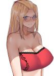  1girl absurdres bangs_pinned_back bare_arms bare_shoulders bespectacled blonde_hair blue_eyes blush bra breasts cleavage closed_mouth collarbone commentary crop_top embarrassed english_commentary eyebrows_visible_through_hair glasses hair_ornament hairclip highres large_breasts long_hair looking_at_viewer midriff norman_maggot original red_shirt shirt sidelocks strapless sweatdrop 