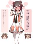  &gt;:) 3girls blush brown_eyes cosplay double_bun embarrassed feet_out_of_frame jintsuu_(kantai_collection) kantai_collection legs_crossed looking_at_viewer multiple_girls naka_(kantai_collection) naka_(kantai_collection)_(cosplay) nose_blush pleated_skirt puffy_short_sleeves puffy_sleeves remodel_(kantai_collection) sailor_collar school_uniform sendai_(kantai_collection) serafuku short_sleeves simple_background skirt smile solo_focus thigh-highs translation_request v_over_eye white_background white_legwear white_sailor_collar white_skirt yoru_nai 