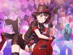 1girl bang_dream! black_gloves black_hair blush chess_piece dress frown guitar hat holding_instrument looking_at_viewer mitake_ran official_art open_mouth red_eyes short_hair solo sparkle