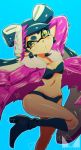  +_+ 1girl :o aori_(splatoon) arm_behind_head bikini black_bikini black_footwear black_hair blue_footwear boots breasts chichi_band coat commentary_request domino_mask earrings food food_on_head head_tilt high_heel_boots high_heels jewelry leg_up long_hair long_sleeves looking_at_viewer mask medium_breasts mole mole_under_eye nintendo object_on_head open_clothes open_coat parted_lips pose purple_coat solo splatoon splatoon_2 standing standing_on_one_leg sushi swimsuit triangular_headpiece watermark yellow_eyes 