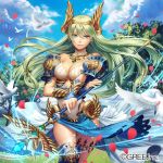  1girl bird blue_sky breasts cleavage clouds day dove esukee green_eyes head_wings holding holding_wand kaizoku_ookoku_koronbusu long_hair looking_at_viewer official_art outdoors sky solo standing tree wand watermark 