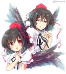  2girls artist_name bangs black_hair black_neckwear black_ribbon black_wings blush breasts commentary_request cropped_torso dual_persona eyebrows_visible_through_hair feathered_wings finger_to_face grin hair_between_eyes half-closed_eyes hand_up hat highres index_finger_raised looking_at_another medium_breasts multiple_girls neck_ribbon open_mouth pom_pom_(clothes) puffy_short_sleeves puffy_sleeves ramudia_(lamyun) red_eyes ribbon shameimaru_aya shirt short_hair short_sleeves simple_background smile tassel tokin_hat touhou twitter_username upper_body white_background white_shirt wing_collar wings 