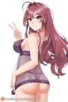  1girl ahoge aslindsamure ass bangs blue_eyes blush breasts brown_hair camisole closed_mouth hair_between_eyes hand_up highres ichinose_shiki idolmaster idolmaster_cinderella_girls large_breasts lingerie long_hair looking_at_viewer panties patreon_username purple_camisole purple_panties see-through simple_background smile solo translucent twisted_torso underwear underwear_only v wavy_hair white_background 