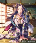  1girl box brown_hair esukee floral_print flower full_body glint gold_trim hair_ornament indoors japanese_clothes kneeling long_hair looking_at_viewer official_art open_mouth sengoku_saga solo tagme vase violet_eyes watermark 