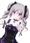  1girl black_ribbon blush choker collarbone cross_choker drill_hair eyebrows_visible_through_hair grey_hair hair_ribbon idolmaster idolmaster_cinderella_girls kanzaki_ranko lolita_fashion long_hair looking_at_viewer outstretched_arm outstretched_hand puffy_short_sleeves puffy_sleeves purple_ribbon red_eyes ribbon short_sleeves simple_background smile solo tenmaso twin_drills twintails upper_body white_background 