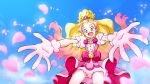  1girl :d blonde_hair blue_background bow cowboy_shot cure_flora earrings gloves go!_princess_precure gradient_hair green_eyes haruno_haruka highres jewelry long_hair looking_at_viewer magical_girl mame_kokurui multicolored_hair open_mouth outstretched_arms outstretched_hand petals pink_bow pink_hair pink_skirt precure puffy_sleeves skirt smile solo spread_arms streaked_hair two-tone_hair white_gloves 