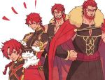  1boy age_progression alexander_(fate/grand_order) braid cape cowboy_shot crossed_arms fate/grand_order fate/zero fate_(series) fur_trim grin hands_on_hips long_hair male_focus muscle natsu_yasai ponytail red_cape red_eyes redhead rider_(fate/zero) simple_background single_braid smile white_background 