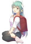  1girl :d absurdres alternate_costume aqua_hair backpack bag bangs between_legs black_legwear black_shorts blush breasts casual clothes_writing eyebrows_visible_through_hair fate/grand_order fate_(series) from_side hand_between_legs highres horns kiyohime_(fate/grand_order) long_hair looking_at_viewer looking_to_the_side medium_breasts open_mouth polka_dot_footwear randoseru shirt shoes short_shorts short_sleeves shorts simple_background sitting smile solo straight_hair thigh-highs unmoving_pattern very_long_hair wariza white_background white_shirt xkirara39x yellow_eyes 