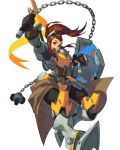  1girl :d armor ball_and_chain boots breastplate brown_eyes brown_gloves brown_hair character_request clenched_hand floating_hair freckles gauntlets gloves holding holding_shield holding_weapon kotatsu_(g-rough) looking_at_viewer open_mouth overwatch ponytail shield simple_background smile solo waist_cape weapon white_background 