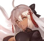  1girl ahoge black_bow black_coat bow cleavage_cutout commentary dark_skin fate/grand_order fate_(series) hair_between_eyes hair_bow high_collar highres long_hair nkmr8 okita_souji_(alter)_(fate) okita_souji_(fate)_(all) solo tassel tied_hair upper_body white_eyes white_hair 