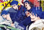  4boys angry blue_bodysuit blue_hair bodysuit chest_tattoo cover cover_page cu_chulainn_(fate/grand_order) cu_chulainn_(fate/prototype) cu_chulainn_alter_(fate/grand_order) dated doujin_cover earrings fate/grand_order fate_(series) gae_bolg grin hood jewelry lancer long_hair looking_away messy_hair multiple_boys multiple_persona open_mouth ponytail red_eyes robe sharp_teeth smile staff tatsuda_(tatuta7772) tattoo teeth wide-eyed 