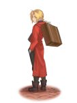  1boy antenna_hair black_footwear black_pants blonde_hair boots carrying_over_shoulder coat edward_elric expressionless eyebrows_visible_through_hair from_behind full_body fullmetal_alchemist gloves hand_in_pocket highres light_smile looking_back male_focus pants red_coat shaded_face shadow simple_background standing suitcase tabixneko white_background yellow_eyes 