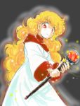  1girl blonde_hair breasts commentary_request curly_hair dragon_quest dragon_quest_ii dress long_hair looking_at_viewer princess princess_of_moonbrook robe smile solo staff weapon white_robe 