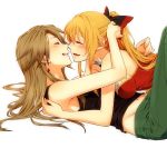  2girls alternate_costume bangs bare_shoulders black_tank_top blonde_hair blush bow brown_hair casual closed_eyes face-to-face facing_another granblue_fantasy grin hair_bow katalina_aryze long_hair lying midriff miso-ha_(ukyuu) multiple_girls navel on_back open_mouth smile tank_top vira_lilie white_background yuri 