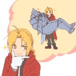  2boys :3 alphonse_elric antenna_hair apron armor black_pants black_shirt blonde_hair blush boots brothers carrying closed_eyes coat edward_elric eyebrows_visible_through_hair frown full_armor full_body fullmetal_alchemist gloves grin heart imagining looking_away male_focus multiple_boys pants princess_carry red_coat shirt siblings simple_background smile sparkle tabixneko thought_bubble upper_body white_background white_gloves yellow_eyes 