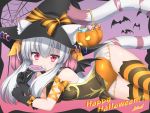  1girl animal_ears arm_ribbon artist_name bangs bare_shoulders bat bat_wings blunt_bangs bow breasts candy candy_cane cat_ear_thighhighs eating english eyebrows_visible_through_hair food food_in_mouth gloves gradient gradient_background haku_(p&amp;d) halloween halloween_costume happy_halloween hat hat_bow highres holding jack-o&#039;-lantern leotard light_blush lilium0235 lollipop long_hair looking_at_viewer multicolored_hair pumpkin purple_background puzzle_&amp;_dragons red_eyes ribbon signature silk solo spider_web striped striped_legwear swirl_lollipop tail thigh-highs thigh_gap thighs tiger_ears tiger_tail two-tone_hair white_hair wings witch_hat 