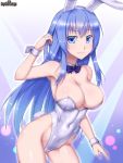  1girl animal_ears blue_eyes blue_hair blue_neckwear bow bowtie breasts bunny_girl bunny_tail bunnysuit cocytus_(wind_master) copyright_name cowboy_shot detached_collar highleg highleg_leotard large_breasts leaning_forward leotard long_hair looking_at_viewer psychic_hearts rabbit_ears smile solo strapless strapless_leotard tail white_background white_leotard wrist_cuffs 