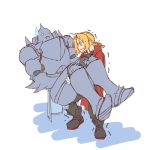  2boys alphonse_elric antenna_hair armor blonde_hair boots braid brothers carrying coat edward_elric full_armor full_body fullmetal_alchemist gloves male_focus multiple_boys princess_carry red_coat siblings simple_background standing sweat sweatdrop tabixneko trembling white_background yellow_eyes 
