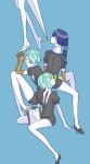  4others androgynous aqua_eyes aqua_hair blue_background blue_eyes blue_hair bug butterfly butterfly_on_nose clipboard colored_eyelashes gem_uniform_(houseki_no_kuni) golden_arms green_eyes green_hair high_heels houseki_no_kuni insect ishii_(wami5285) long_hair multiple_others multiple_persona necktie out_of_frame phosphophyllite phosphophyllite_(ll) ponytail short_hair simple_background smile spoilers sword weapon 