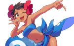  1girl ;3 ;d bare_arms bare_shoulders black_hair blue_eyes breasts creatures_(company) dark_skin elite_four floral_print flower fuyou_(pokemon) game_freak hair_flower hair_ornament navel nintendo one_eye_closed open_mouth pokemon pokemon_(game) pokemon_rse red_flower sarong sayshownen short_hair simple_background small_breasts smile solo strapless tubetop very_short_hair white_background 