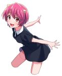  1girl :d arms_behind_back bangs black_dress breasts cropped_legs dress elfen_lied eyebrows_visible_through_hair hair_between_eyes horns nana_(elfen_lied) open_mouth pink_eyes pink_hair sayshownen short_hair short_sleeves simple_background small_breasts smile solo white_background 