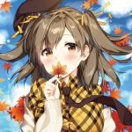  1girl autumn_leaves bangs beret blue_sky blush brown_eyes brown_hair brown_hat cardigan closed_mouth clouds cloudy_sky commentary_request day dress_shirt eyebrows_visible_through_hair hair_between_eyes hair_ribbon hat head_tilt holding holding_leaf leaf looking_at_viewer lowres maple_leaf masuishi_kinoto necktie off_shoulder open_cardigan open_clothes original outdoors plaid plaid_shirt ribbon shirt sky smile solo two_side_up white_cardigan yellow_ribbon yellow_shirt 
