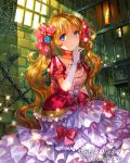  1girl blonde_hair blue_eyes blue_flower bow chains choker collarbone copyright_name floating_hair flower frilled_skirt frills gem gloves grey_gloves hair_flower hair_ornament indoors layered_skirt long_hair long_skirt official_art red_bow red_flower rioka_(southern_blue_sky) short_sleeves sitting skirt solo sparkle tenkuu_no_crystalia twintails very_long_hair white_skirt 