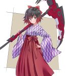  1girl black_hair bow character_request copyright_request crescent_rose gradient_hair grey_eyes hair_bow highres iesupa japanese_clothes multicolored_hair redhead ruby_rose rwby scythe short_hair solo two-tone_hair 